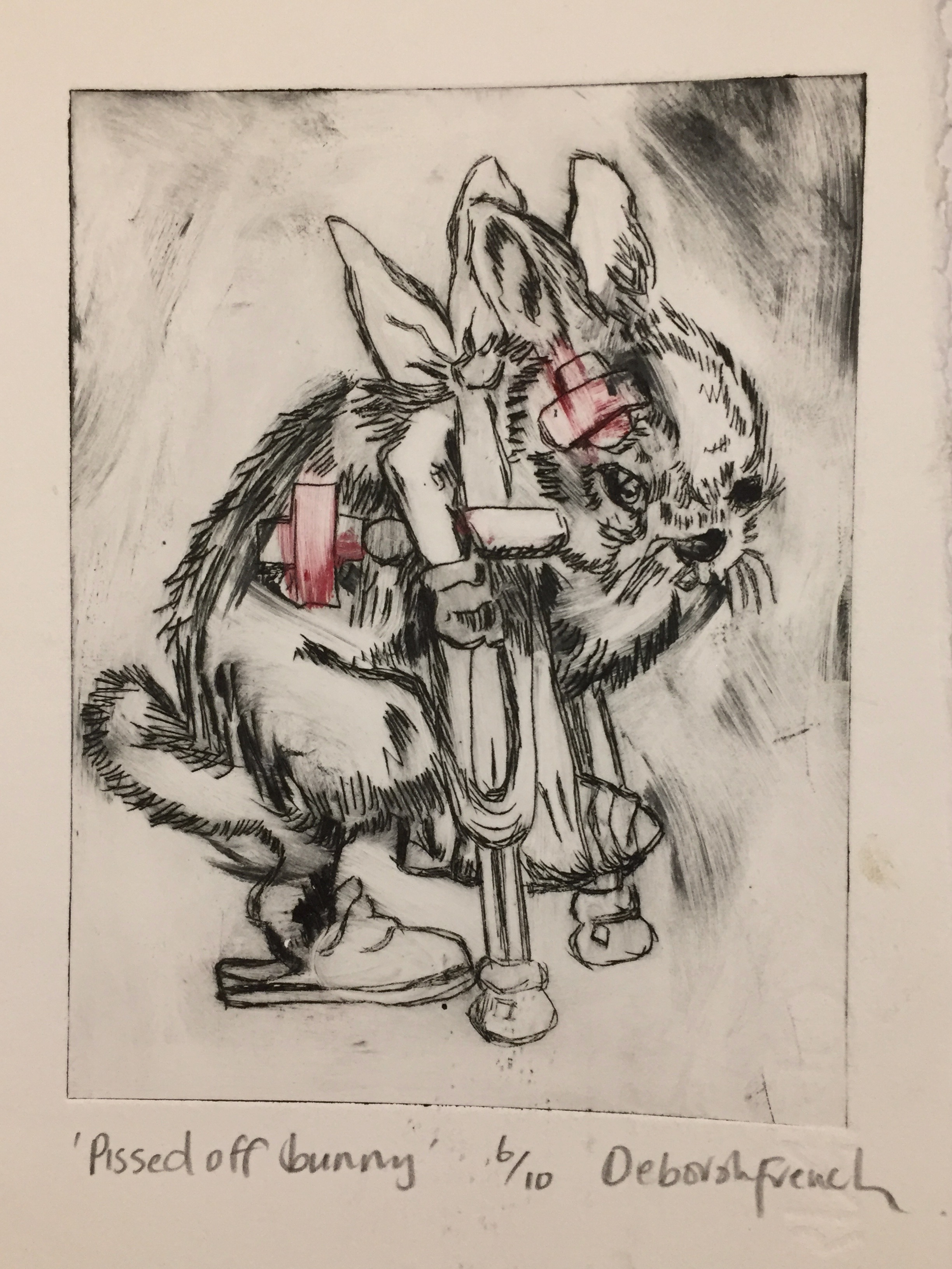 Nasty Bunny drypoint print Deborah French